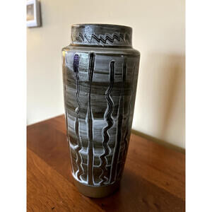 German Mid-Century Modern Style Pottery Vase with Wavy Glaze Pattern 12"x7"